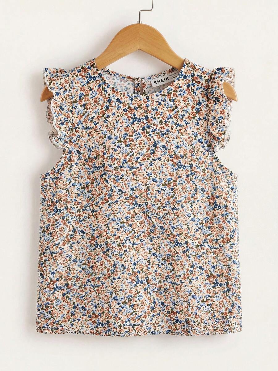SHEIN 少女夏季碎花荷叶边衬衫 - 彩色 - 查看 1