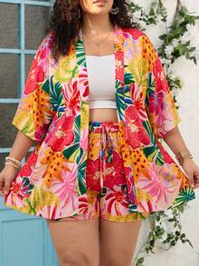 SHEIN CURVE+ 2pcs/Set Plus Size Women Tropical Floral Print Top And Tie Waist Shorts Set, Casual Pool Party Outfit, Boho Chic Summer Beach Vacation Attire, City Short Trip, Holiday Wear - Multicolor - View 5
