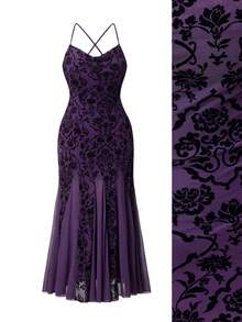 ROMWE Spring/Summer Plus Size Women Elegant Hippie Vintage Flocked Mesh Draped Neck Dress, Dark Purple Valentine's Day - Purple - View 1