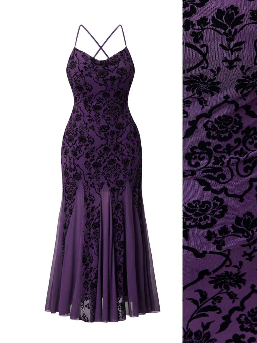 ROMWE Spring/Summer Plus Size Women Elegant Hippie Vintage Flocked Mesh Draped Neck Dress, Dark Purple Valentine's Day - Purple - View 1