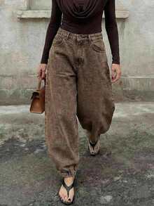 Anewsta 春秋季新款情人节派对百搭哈伦休闲时尚女裤，高腰宽松可调节腰围牛仔裤/慢跑裤 - 卡其色 - 查看 1