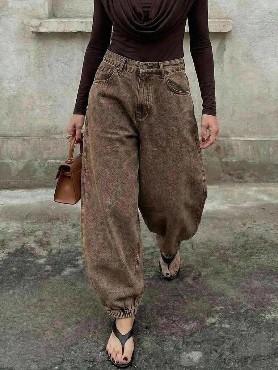 Anewsta 春秋季新款情人节派对百搭哈伦休闲时尚女裤，高腰宽松可调节腰围牛仔裤/慢跑裤 - 卡其色 - 查看 1