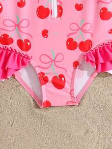 SHEIN Vintaside Kids 女婴可爱红白樱桃印花荷叶边长袖连体泳衣，带帽子，弹力舒适，适合夏季游泳 - 彩色 - 查看 6
