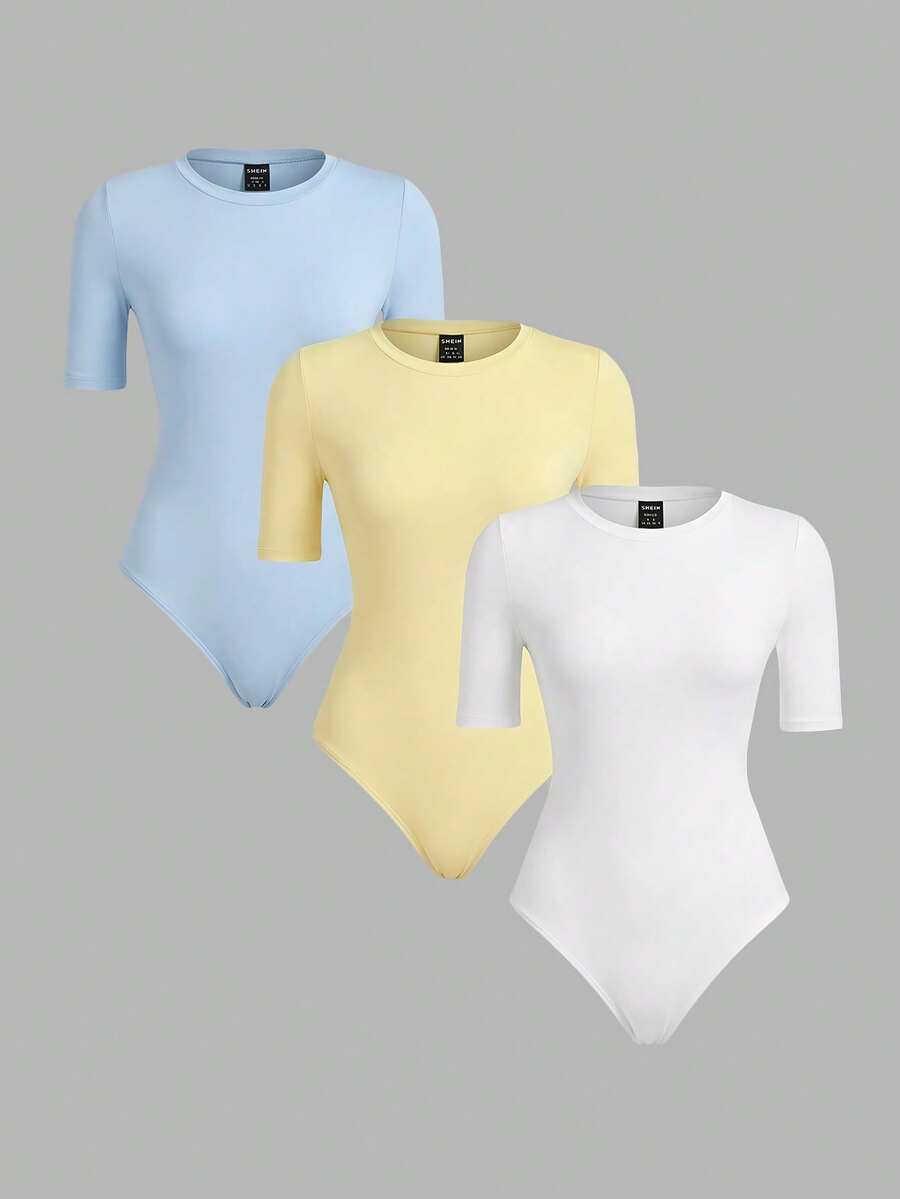 SHEIN BASICS 3件組休閒素色針織圓領短袖連身衣女款夏季套裝 - 彩色 - 查看 1