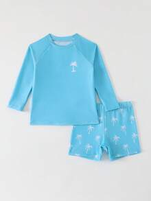 SHEIN 2pcs/Set Young Boys Swimwear,Cute Navy Blue Coconut Tree Print Long Sleeve T-Shirt+Trunks,Rash Guard For Summer Holiday Beach Vacation Surfing Outfit - Royal Blue - View 5