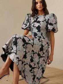 Vestido con cuello en V, mangas con pétalos, cintura ceñida y decoración 3D de rosas románticas francesas para mujeres - Negro 2 - Ver 6