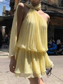 Femesol 女士黄色雪纺提花波点褶皱金属扣荷叶边短连衣裙，女士优雅时尚度假派对连衣裙，女士浅黄色连衣裙 - 淡黃色 - 查看 5