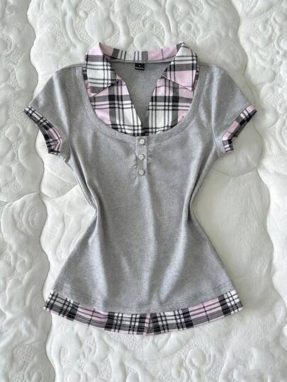 Elamini Dames zomer casual geruite patchwork overhemdkraag imitatie 2-delig T-shirt met korte mouwen en slim fit