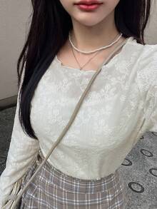 FRIFUL 女款米色純色拼接透視蕾絲面料喇叭袖寬鬆休閒百搭長袖上衣 - 米色 - 查看 8