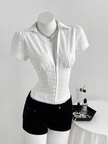 Elamini Women's Shirt, Embroidered Fabric, Fitted Waist, Deep V-Neck, White Women's Shirts For Summer Women's Work Tops Women's Work Clothes For The Office Working Blouse Work Outfits Women - White - View 4