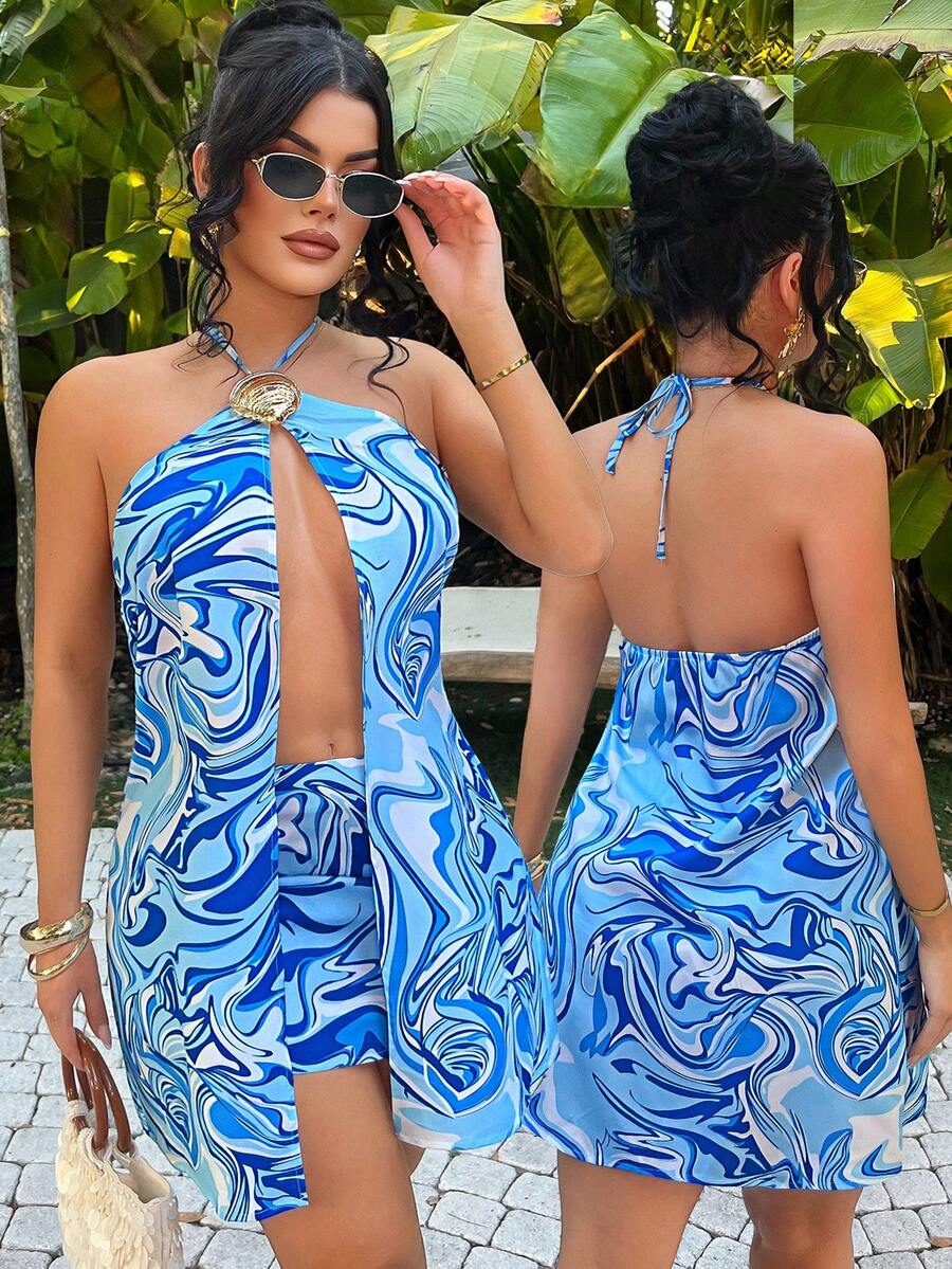 SHEIN SXY Conjunto de top de cuello halter y falda con estampado todo sobre todo para vacaciones en la playa - Multicolor - Ver 1
