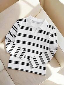 SHEIN Girls' Comfortable Soft V-Neck Long Sleeve Striped T-Shirt - Black and White - View 3