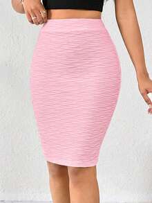 SHEIN Lady Women Pink Textured Bodycon Midi Skirt - Pink - View 3
