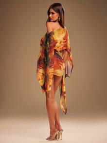 Radiana 女士性感雪纺两件套，印花披肩上衣和裹身裙，适合海滩、海岛和度假穿着 - 彩色 - 查看 3