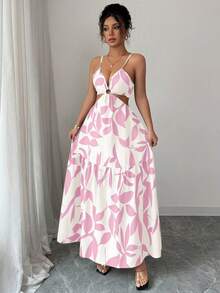 Elenzga Women's Summer New Spaghetti Strap Tie-Waist Printed Dress (Floral Print) - Baby Pink - View 7
