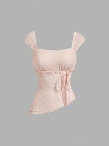 SHEIN MOD 女士纯色方领修身系带不对称下摆夏季背心 - 淺粉色 - 查看 3