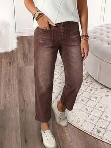 EMERY ROSE Plus Size Casual Jeans With Pockets, Minimalist Design - Coffee Brown - View 8