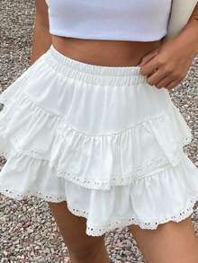 DAZY Women's Solid Color A-Line Umbrella Skirt, Contrast Lace Ruffle Hem Casual Holiday Skirt, Summer - White - View 1