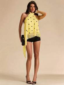 Top de satén con parches de encaje y espalda descubierta, elegante y apropiado para fiestas, cócteles, ocasiones formales, Navidad y vestimenta casual de negocios - Amarillo - Ver 6