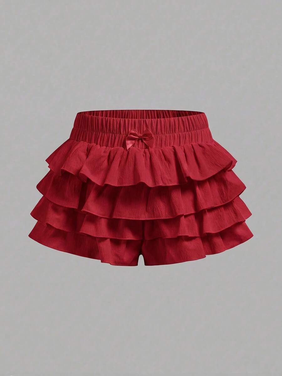 Maija Kids Maija Kids Quần short dệt trơn màu dành cho bé gái, kiểu dáng thường ngày. - Đỏ - Xem 1