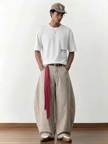 SWAVVY Quần ống rộng kẻ caro dáng suông dành cho nam giới, thích hợp đi làm hàng ngày. - Màu be - Xem 1