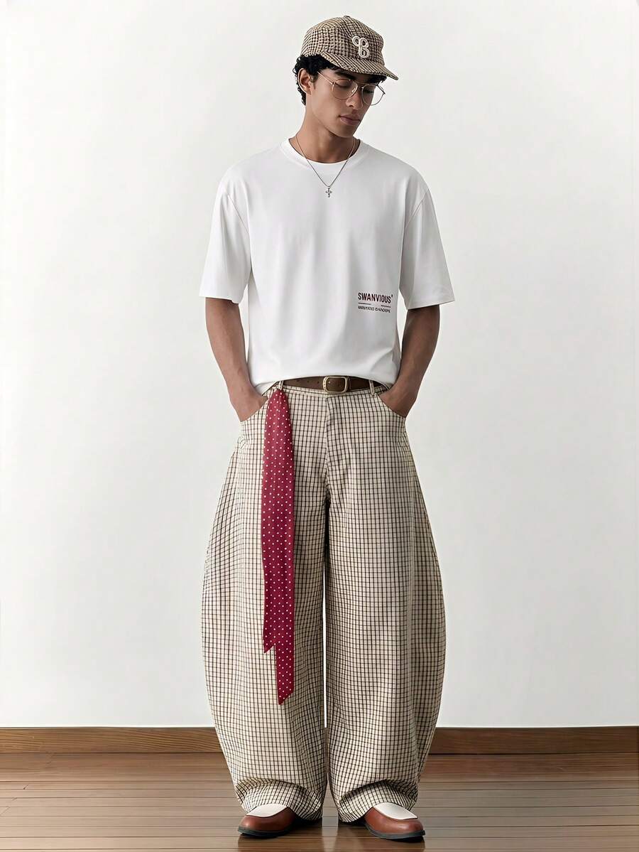 SWAVVY Quần ống rộng kẻ caro dáng suông dành cho nam giới, thích hợp đi làm hàng ngày. - Màu be - Xem 1
