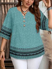 EMERY ROSE Plus Size Women Casual Minimalist Geometric Print V-Neck Shirt, Suitable For Summer - Green - View 3