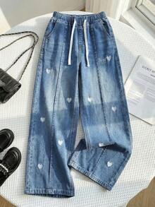 SHEIN 女童白色字母和爱心刺绣宽松蓝色牛仔裤 - 藍色 - 查看 1