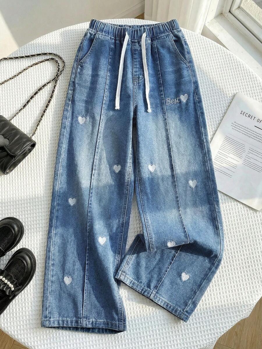 SHEIN 女童白色字母和爱心刺绣宽松蓝色牛仔裤 - 藍色 - 查看 1
