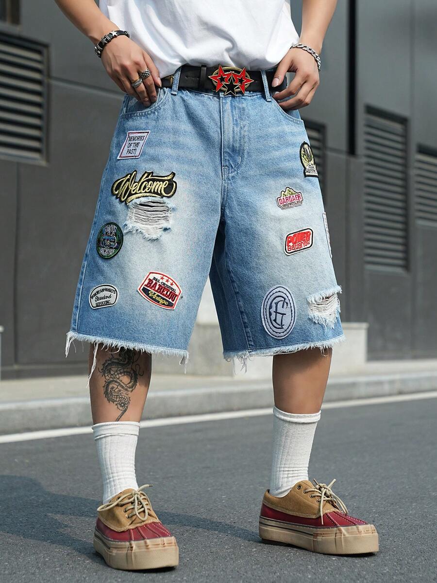 Manfinity EMRG Men's Casual Distressed Light Blue Wide Leg Denim Shorts - Light Wash - View 1