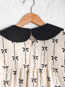 SHEIN 女童撞色领蝴蝶结印花宽松A字优雅连衣裙 - 黑與白 - 查看 5