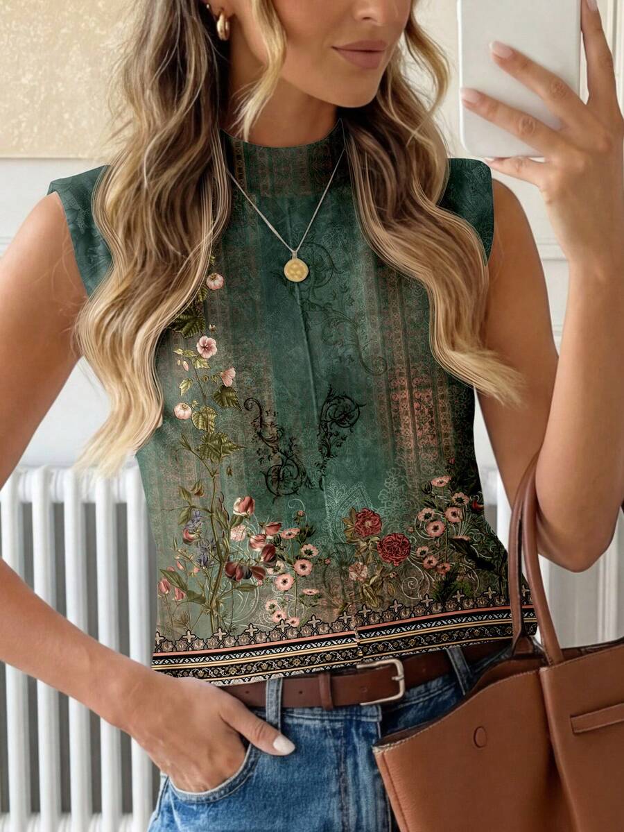 SHEIN LUNE Áo tank top tay ngắn in họa tiết dành cho nữ, kiểu dáng thường ngày, thích hợp cho mùa hè. - Nhiều màu - Xem 1