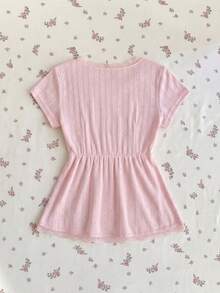 Elamini 女士春夏韩版粉色休闲优雅舒适百搭V领蕾丝荷叶边蝴蝶结设计短袖T恤 - 粉色 - 查看 2