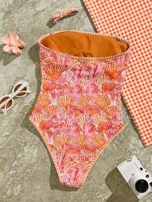 Swim Vcay بدلة سباحة قطعة واحدة ذات طبعة زهور صغيرة مع تشطيب هندسي، ملابس شاطئ شائعة للربيع/الصيف - لون برتقالي - مشاهدة 6
