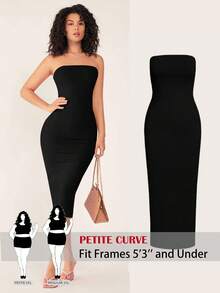 SHEIN PETITE CURVE CURVE Plus Size Women's Petite Black Strapless Bodycon Midi Dress,Elegant High-Waisted Autumn Outfits,Girlism Night Out Club Party Vacation - Black - View 1