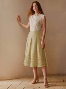 PREMIUM SPRING/SUMMER HOLLOW-OUT EMBROIDERED HIGH-END COMMUTER ELEGANT FLARE SKIRT FOR WOMEN - Khaki - View 3