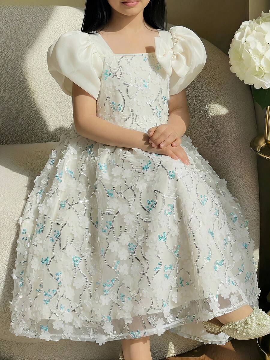 SHEIN 少女纯色网纱刺绣泡泡袖休闲连衣裙 - 彩色 - 查看 1