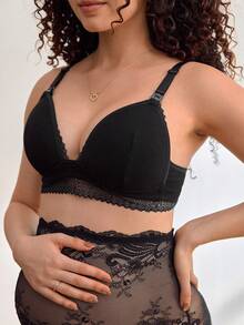 Moonlight&Mama 1pc Women's Popular Minimalist Lace Solid Color Comfortable High Cost-Effective High Quality Maternity Bra - Black - View 6