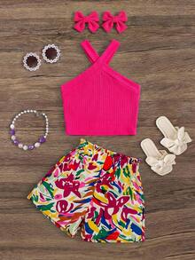 Emery Rose Kids Emery Rose Kids Young Girl Knitted Solid Color Sleeveless Top And Shorts 2 Pieces Set - Hot Pink - View 2
