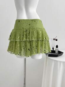 Sweetra Romantic French Style Low Waist Layered Beaded Fabric Fashionable Pants Design Slim Fit Fresh Green Skirt For Women, Summer - Green - View 2