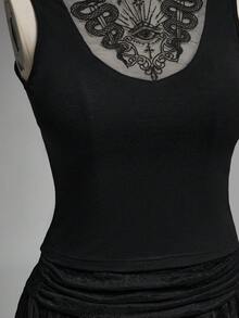 ROMWE Summer Outfits Dark Forbidden Forest Boho Goth Snake Eye Hollow Design Plus Size Tight Fitted Stand Collar Camisole - Black - View 5