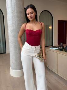 leahseptember Kamisol Seksi Wanita Model Pendek dengan Detail Renda Kontras - Burgundy - View 5