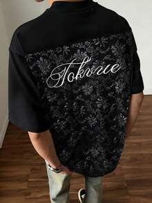 TOKVUE Camiseta casual de manga corta con cuello redondo, bordado de letras y estampado floral de jacquard de retazos para hombre - Negro - Ver 3