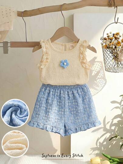 Cozy Pixies 女婴碎花装饰无袖上衣和松紧腰短裤两件套