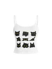 ROMWE Kawaii Cat Print Camisole For Women - White - View 8