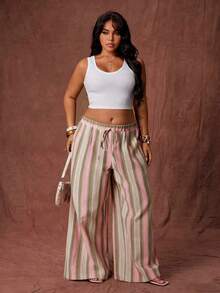 SHEIN PETITE CURVE Quần ống rộng, trang phục mùa hè cho nữ, phong cách Boho, đi nghỉ mát, quần ống rộng kẻ sọc cạp chun cao cấp kiểu retro thanh lịch dành cho người nhỏ nhắn, quần maxi ống đứng cạp cao dáng suông rộng rãi giúp thon gọn vóc dáng, quần ống rộng kẻ sọc nhiều màu sắc, quần ống đứng cạp cao dáng suông thoải mái kiểu vintage mới giúp thon gọn vóc dáng. - Nhiều màu - Xem 9