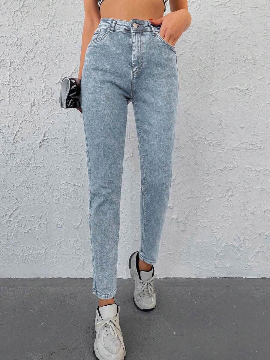 EURMUSE Zipper Fly Mom Fit Jeans - Baby Blue - View 1
