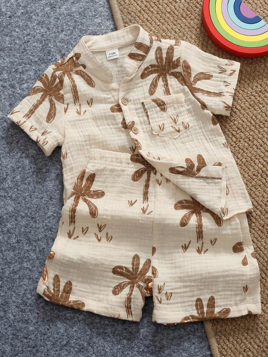 SHEIN Playful Pals 2件/組 幼童男嬰棕櫚樹套裝 米色夏季波希米亞風度假休閒短袖植物圖案襯衫與鬆緊腰短褲套裝 - 杏色 - 查看 1
