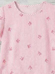 EMERY ROSE Plus Size Bow Tie Pink Print Casual Cute Shirt, Suitable For Home Outdoor Wear In Summer Vacation - Pink - View 3
