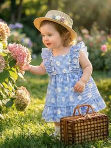 SHEIN Newborn Baby Girls' Summer Dress In Dusty Blue,Cute Floral Gingham Plaid Knit Outfit,Ruffle Hem Sleeveless Waisted Dress Headband Set Vacation Cute - Multicolor - View 3